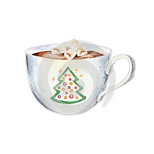 White Christmas mug with hot chocolate and marshmallow hand painted in watercolor isolated on white background