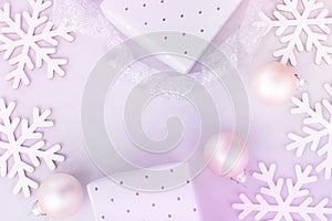 White Christmas New Year Banner Poster Background. Snow Flakes Baubles Gift Boxes. Scandinavian style pastel colors. Greeting Card