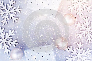 White Christmas New Year Frame Banner Background Snow Flakes Baubles Gift Boxes Colorful Confetti Glitter Lights Greeting Card