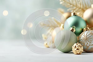 White Christmas New Years greeting card banner with golden green and silver ornament balls. Fir tree branches garland lights