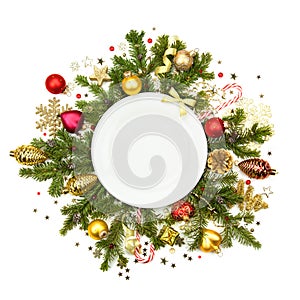 White Christmas plate with baubles, stars and fir - isolated
