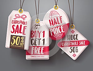 White christmas sale tags vector set hanging with red color sale and discount text