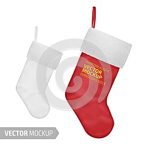 White christmas sock with hang. Realistic vector