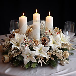 white Christmas table wreath with four candles, AI Generative.