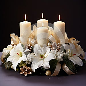 white Christmas table wreath with four candles, AI Generative.