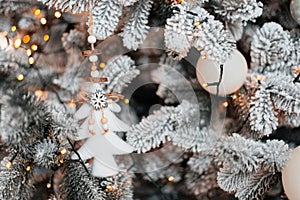 White Christmas toys. Decorated Christmas tree white color