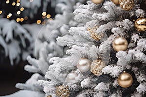 a white christmas tree with gold and silver ornaments