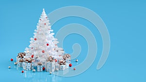 White Christmas tree with lights and gift boxes with copyspace