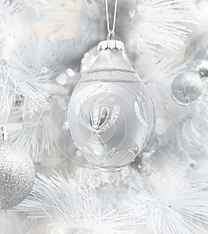 White Christmas tree and ornaments