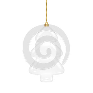 White Christmas Tree. Porcelain figurine isolated on white background. Christmas toy hangs on a gold chain. Christmas decoration photo