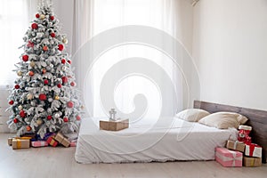 White Christmas tree with red bedroom toys new year winter gifts decor