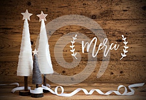 White Christmas Tree, Wooden Background, Merci Means Thank You