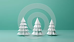 White Christmas Trees Mockup Closeup isolated on blue green background. Christmas Eve different types. Winter traditional holidays