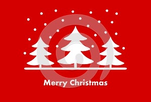 White Christmas trees on red background. Christmas winter greeting card
