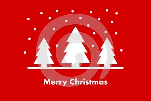 White Christmas trees on red background. Christmas winter greeting card. Merry Christmas