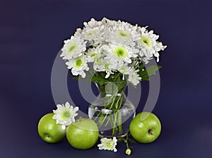 White chrysanthemum flowers bouquet in a glass vase and green apples on dark background