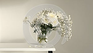 White chrysanthemums and gypsophila flower in glass in interior. Minimalist smoke still life. Light and shadow nature horizontal photo