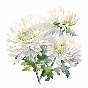 White Chrysanthemums Watercolor Painting On White Background