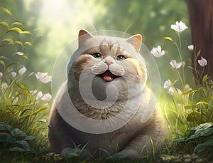 a white chubby cat in wild flower meadow, smiling happily, Celebrating Pet Day. AI Generated