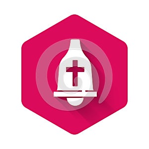 White Church bell icon isolated with long shadow background. Alarm symbol, service bell, handbell sign, notification