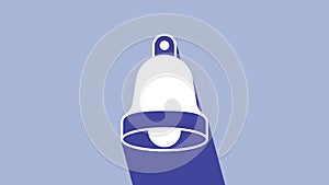 White Church bell icon isolated on purple background. Alarm symbol, service bell, handbell sign, notification symbol. 4K