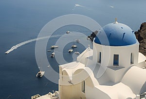 White Church with blue dome at Oia, Santorini, Greek Islands