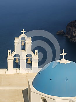 White Church with blue dome at Oia, Santorini, Greek Islands
