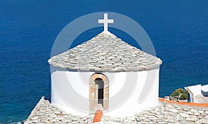 White church of Evangelistria, the Virgin Mary and Panagitsa Tower in Chora Town, the capital of Scopelos island, Northen Sporades