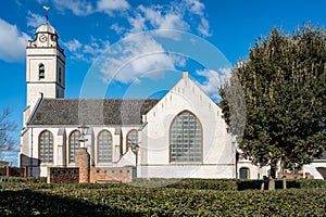 White church in Katwijk aan Zee, The Netherlands, seen from the courtyard