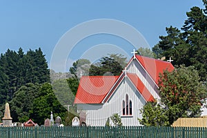 White church with red roof photo