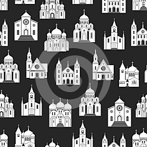 White church seamless pattern on black backdrop