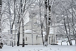 White Church of St. Anna Behind the Trees After Heavy Snowfall in Zaryadye