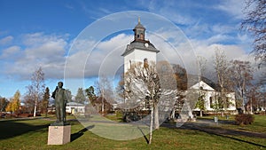 White church of Sveg in autumn in Harjedalen in Sweden