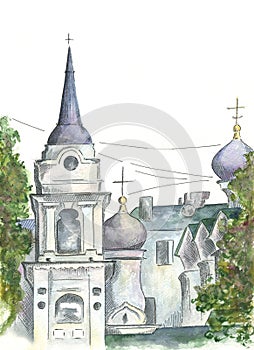 White Church, watercolor painting