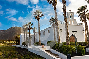 White church of Ye, village at the foot of Monte Corona volcano in Lanzarote, Canary Islands,  Spain