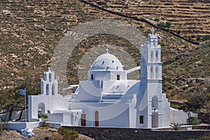 White churches in town of Ios, Greece