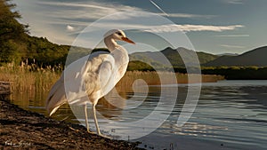 White ciconiiformes was standing near the lake alone. photo