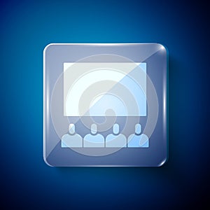 White Cinema auditorium with screen icon isolated on blue background. Square glass panels. Vector Illustration