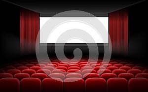 White cinema theatre screen with red curtains and chairs