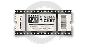 White cinema ticket with barcode template isolated on white background. Vector design element.