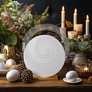 White circle greeting card with blank front, realistic on a mockup template in a wooden table in a easter luxuty