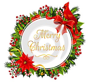 White circle with Merry Christmas text decorated with christmas details.