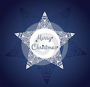 White circle with Merry Christmas text. Pattern in a shape of a star on the blue background.