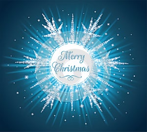 White circle with Merry Christmas text. Sparkles in a shape of a snowflake on the blue background.