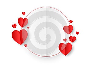 A white circle paper cut style surround by red paper heart shape on white background