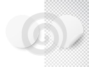 White circle sticker set on transparent and white background. Realistic round stickers with folded edge. Paper label