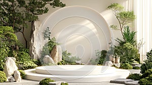 White circular platform with sunrays and plants.
