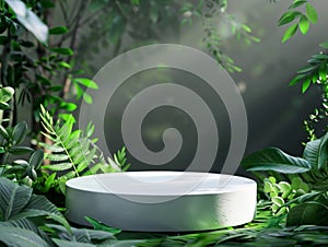 White Circular Platform Surrounded by Lush Green Foliage