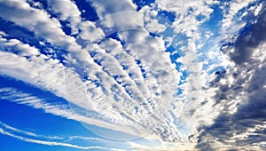 White cirrocumulus clouds blue sky background panorama, altocumulus cloudy skies panoramic view, stratocumulus cloud texture