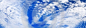 White cirrus clouds blue sky background, beautiful wispy cloudscape wide panoramic view, cumulus cloudy skies panorama, cloudiness